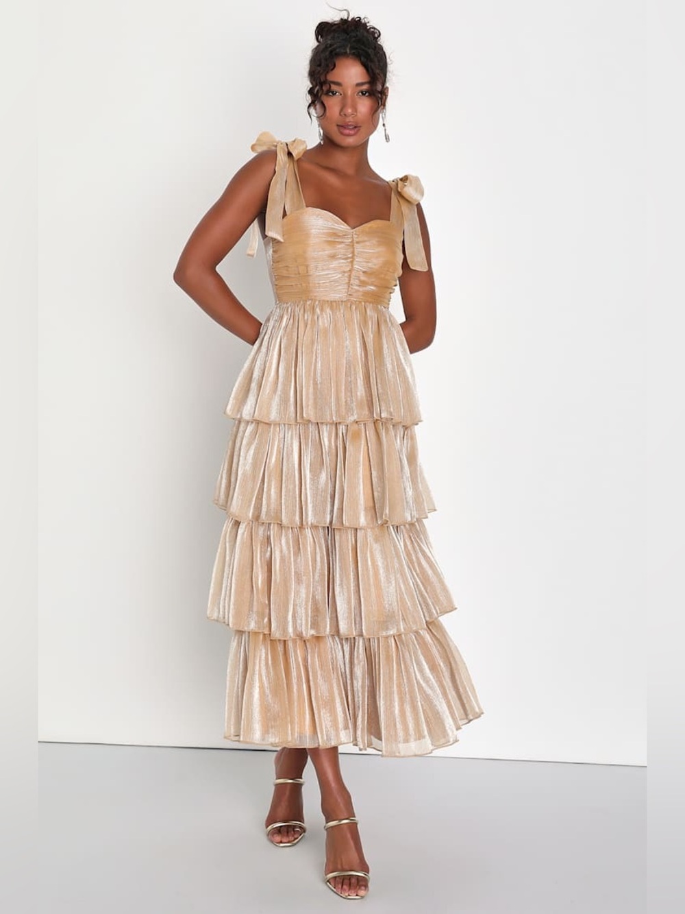 Radiant Arrival Shiny Gold Organza Tiered Tie-Strap Maxi Dress size XS
